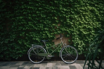 A photo of a bicycle leaning against a wall full of green plants in a city.
