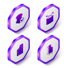 Set Isometric Leather, Knitting needles, Sewing pattern and icon. Purple hexagon button. Vector