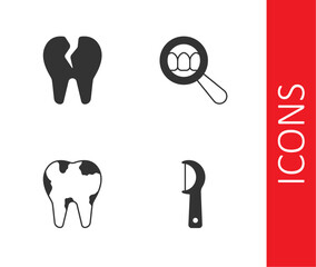 Set Dental floss, Broken tooth, and search icon. Vector