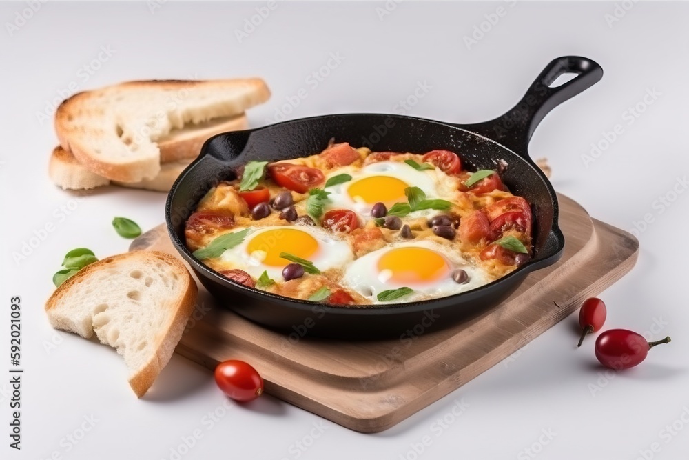 Poster  a skillet with eggs and tomatoes on a cutting board with bread and cherry tomatoes on a cutting board with a slice of bread on the side.  generative ai