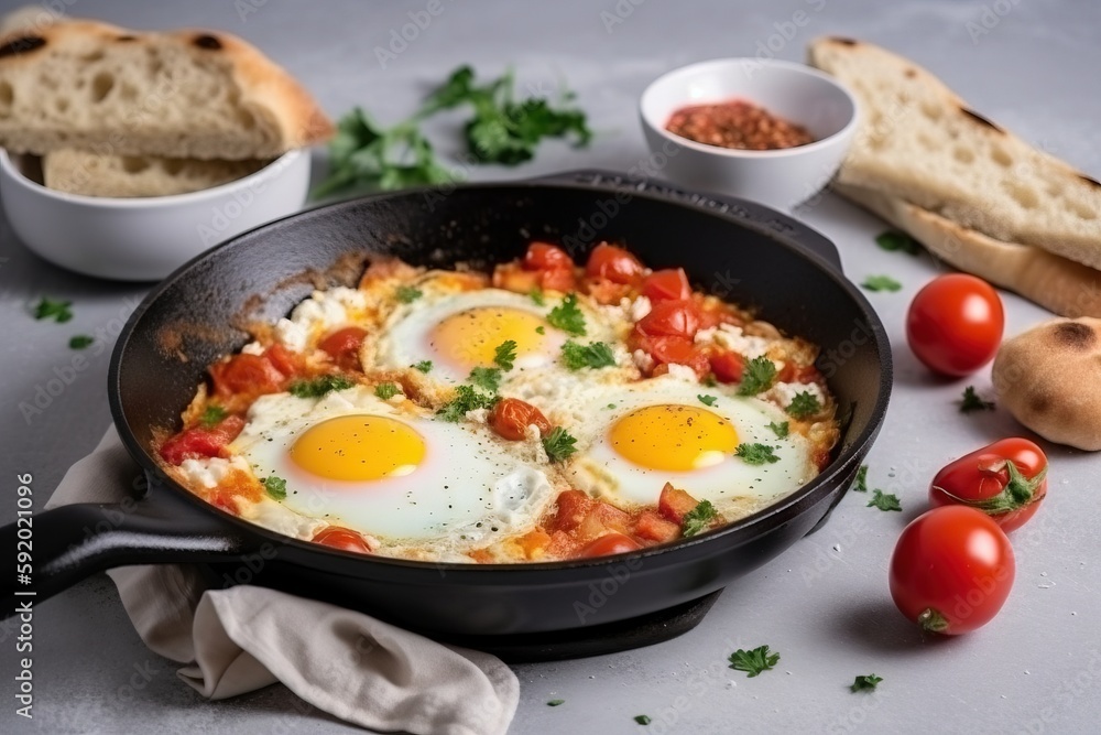 Poster a skillet with eggs and tomatoes on a table with bread, tomatoes, and bread slices on the side of th