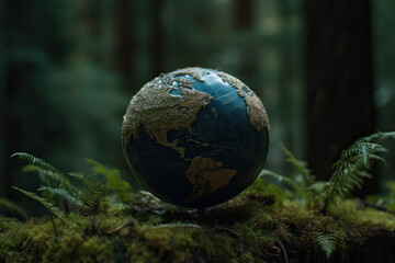 Obraz na płótnie Canvas Earth Globe Covered in Moss and Woods, Embodying the Harmony and Serenity of Nature, Perfect for Environmental Conservation and Outdoor Adventure Concepts, Generative AI