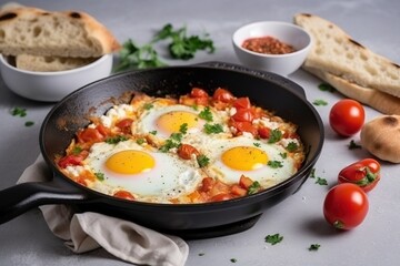  a skillet with eggs and tomatoes on a table with bread, tomatoes, and bread slices on the side of the skillet, and a bowl of bread and a napkin.  generative ai