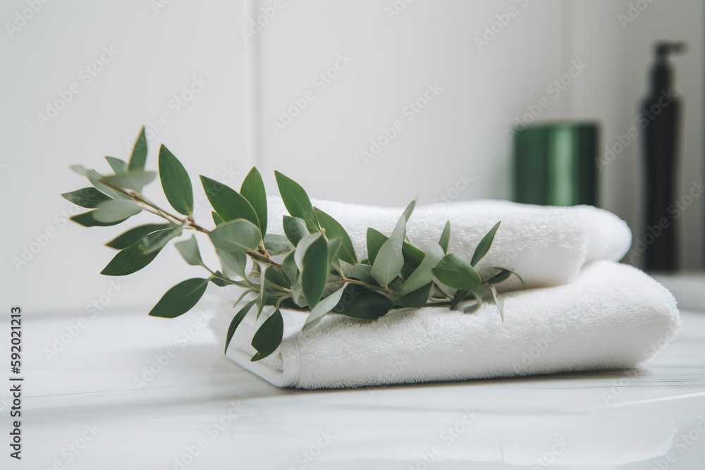 Poster a stack of white towels with green leaves on top of them on a counter top next to a bottle of wine a