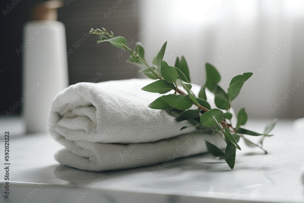 Poster a stack of folded towels sitting on top of a table next to a bottle of lotion and a plant on top of 