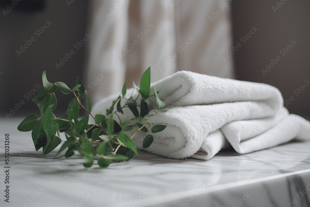 Poster a stack of white towels sitting on top of a counter next to a plant on top of a counter top next to 