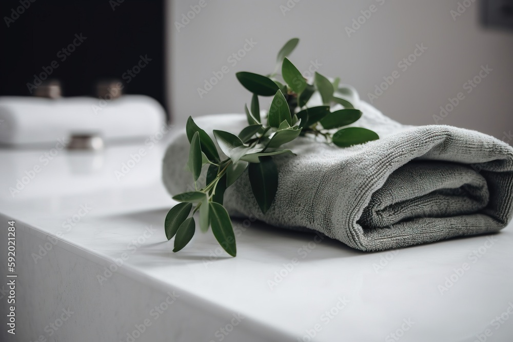Poster a towel and a plant sitting on a counter top next to each other on a counter top with a towel on top