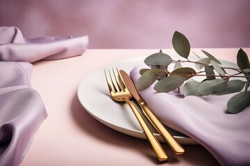  a white plate topped with a fork and knife next to a purple cloth and a plant on a tablecloth covered tablecloth with a purple cloth.  generative ai