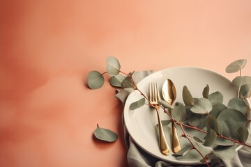  a white plate topped with a fork and a knife next to a leafy branch on a pink background with a pink wall behind it.  generative ai