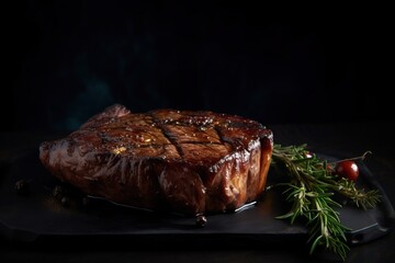  a steak on a plate with a fork and a sprig of rosemary on a black plate with a black background and a black background.  generative ai