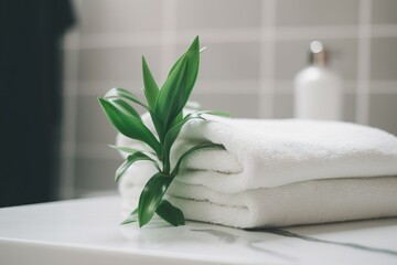 Fototapeta na wymiar a stack of white towels sitting on top of a bathroom counter next to a bottle of water and a towel rack with a green leaf on it. generative ai