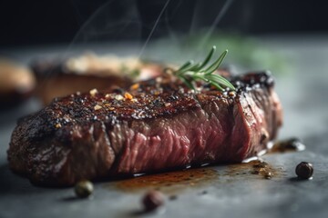  a piece of steak with a sprig of rosemary on top of it on a plate with spices and seasonings on the side.  generative ai