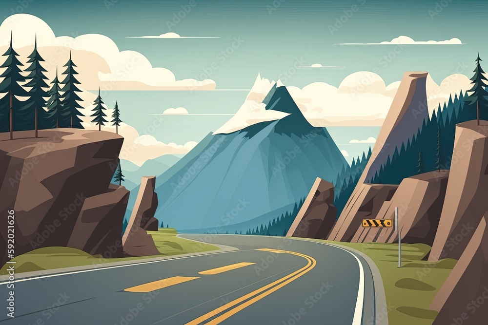 Poster winding road with a majestic mountain range in the background. generative ai