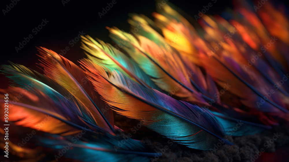 Poster abstract colorful bright feather closeup up macro view background. plumage texture generative ai