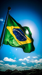 Brazil flag, with a blue sky, generated with generative AI technology.