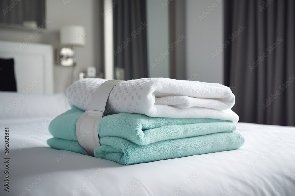 Poster a stack of folded towels sitting on top of a bed next to a lamp and a window in a room with a white 