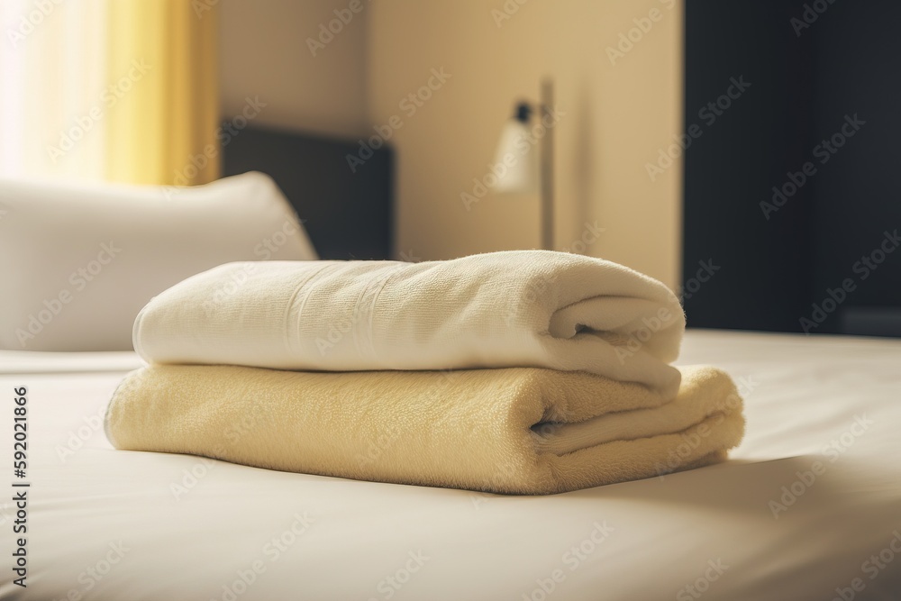 Poster  two folded towels on top of a bed in a hotel room with a lamp on the side of the bed and a window in the background.  generative ai