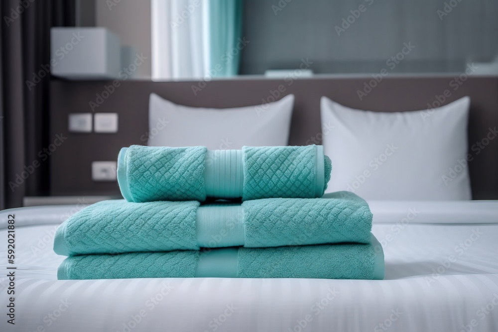 Poster a bed with a neatly made bed and a neatly made bed with two pillows and two folded towels on top of 