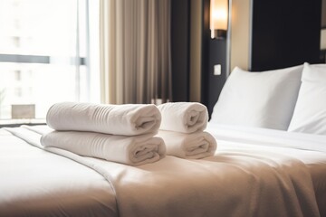  a hotel room with a bed and two folded towels on top of each other in front of a large window with a cityscape in the background.  generative ai