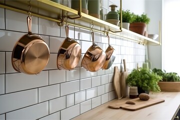 Obraz na płótnie Canvas pots and pans are hanging on the wall of a kitchen with a cutting board and cutting board in front of them and a cutting board on the wall. generative ai