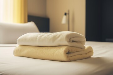  two folded towels on top of a bed in a hotel room with a lamp on the side of the bed and a window in the background.  generative ai