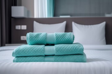  a bed with a neatly made bed and a neatly made bed with two pillows and two folded towels on top of each of the bed.  generative ai