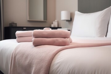  a bed with pink sheets and pillows and a mirror on the wall behind it and a lamp on the side of the bed and a mirror on the wall.  generative ai