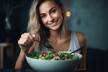 A young beautiful vegan woman eating healthy green salad. Concept of vegetarianism, healthy eating and wellness. Generative AI