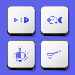 Set Fish skeleton, Spinning reel for fishing and Fishing net icon. White square button. Vector