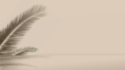 Tropical leaf shadow on wall with beige background: Empty room with plant shadows. Display product with blurred backdrop.