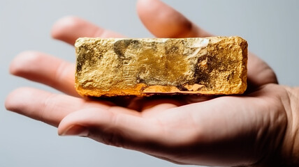 Hand holding solid gold ingot, shiny gold, gold bullion bank, generated with AI generative technology.