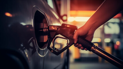 Person putting gasoline in his vehicle, car fuel generated with generative AI technology. - obrazy, fototapety, plakaty