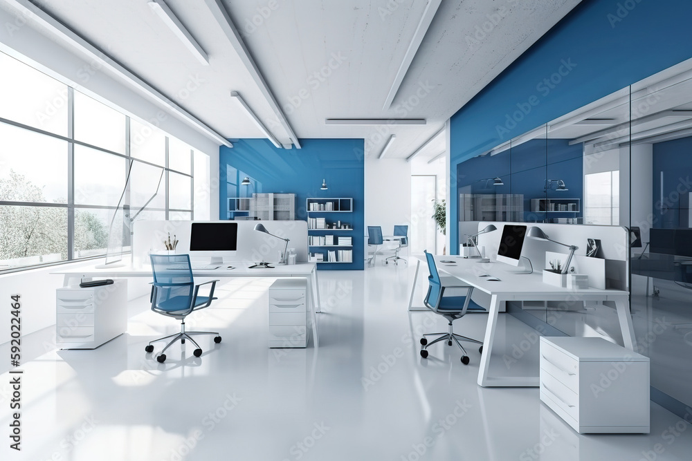 Poster a room with a lot of desks and chairs and a big window in the corner of the room with a view of the 