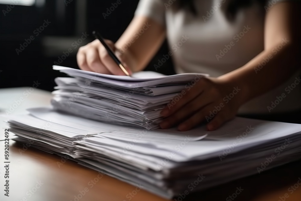 Poster a woman is sitting at a table with a stack of papers and a pen in her hand and a stack of papers on 