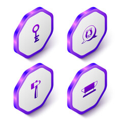 Set Isometric Old key, Horseshoe, Hammer and Blacksmith anvil tool icon. Purple hexagon button. Vector