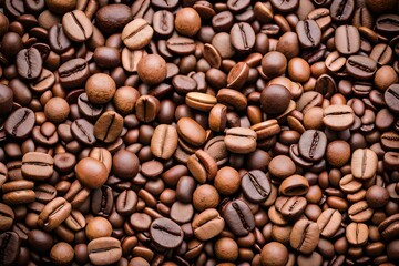 Naklejka premium Expresso and americano roasted coffee beans texture. Top view selective focus