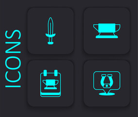 Set Horseshoe, Medieval sword, Blacksmith anvil tool and icon. Black square button. Vector