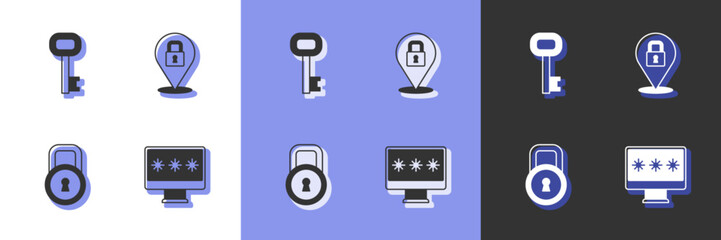 Set Monitor with password, Old key, Lock and icon. Vector