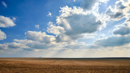 Clouds in the sunny blue sky over the plowed wavy brown-yellowish agricultural field with a little hill in the background. Landscape panorama. 
