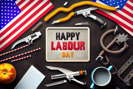 Happy labor day, Top view design concept of american labor day with working tools. Generative Ai
