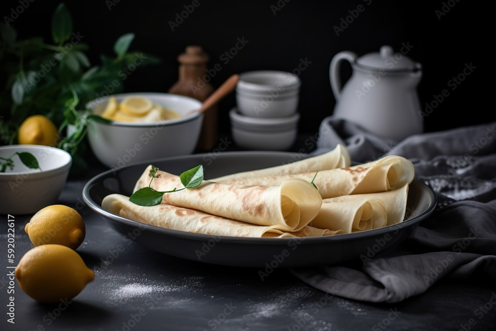Poster a plate of pita bread with lemons and a teapot in the background on a table with a cloth and a bowl 