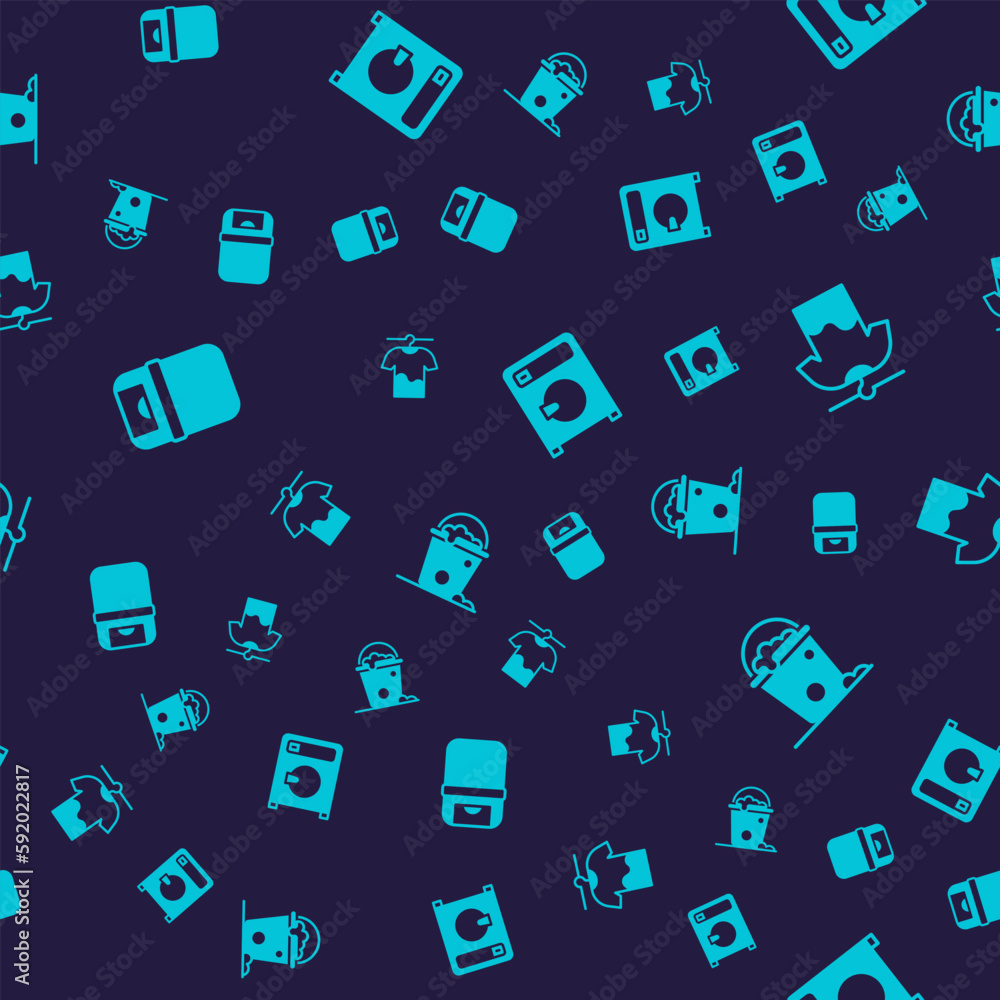Poster set trash can, drying clothes, washer and bucket with foam and bubbles on seamless pattern. vector