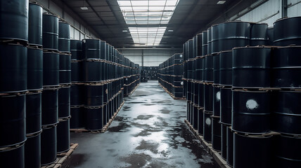Barrels of crude oil, ready for export, crude oil production. Generated with AI generative technology.