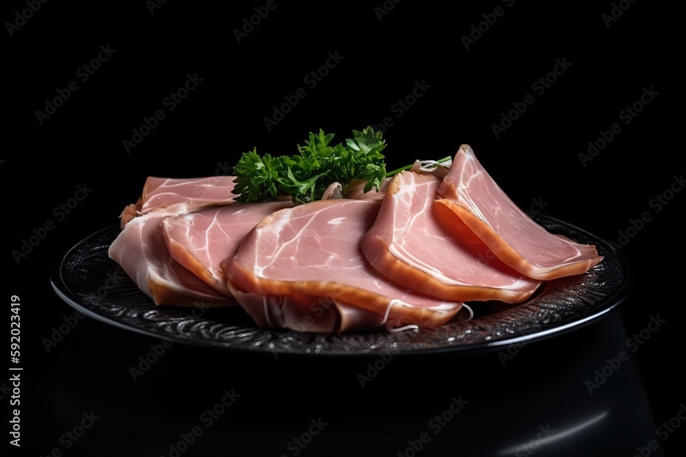 Poster a plate of ham with parsley on it on a black tablecloth with a black background with a black backgro