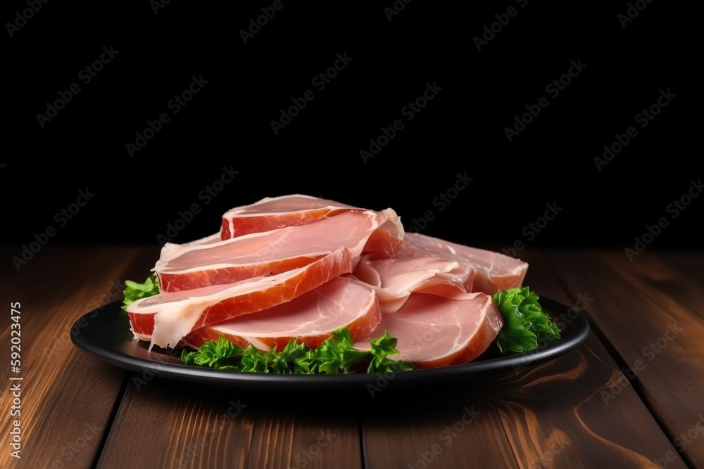 Poster a plate of ham on lettuce on a wooden table with a black background with a black border around it an