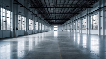 Empty warehouse for storage and distribution centers. Generative AI.