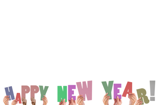 Cropped hands holding colorful words happy new year  - Powered by Adobe