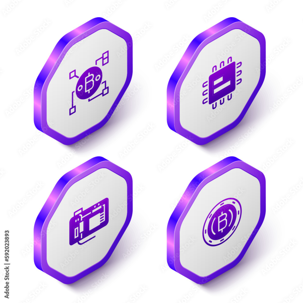 Poster set isometric blockchain technology bitcoin, processor cpu, motherboard and cryptocurrency icon. pur