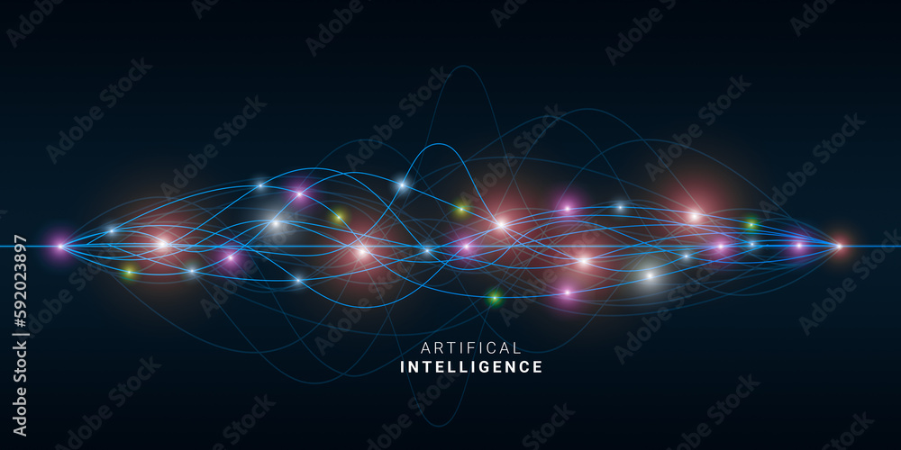 Aufkleber Artificial Intelligence. AI Neural Network Lines, Digital Wave With Gloving Connection Dots