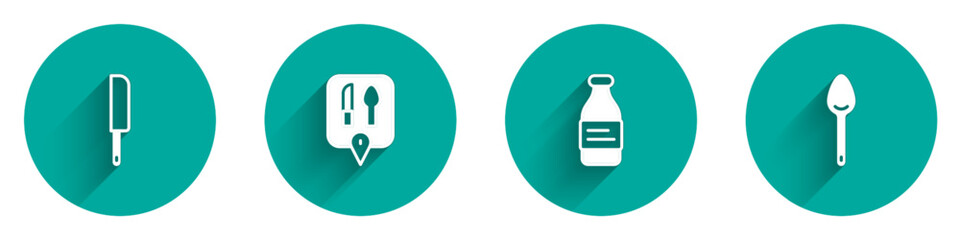 Set Knife, Cafe and restaurant location, Bottle of water and Spoon icon with long shadow. Vector